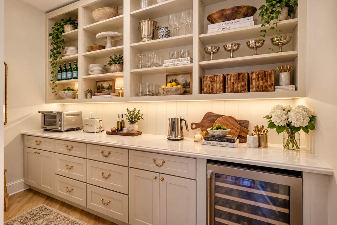 Scullery, open shelving
